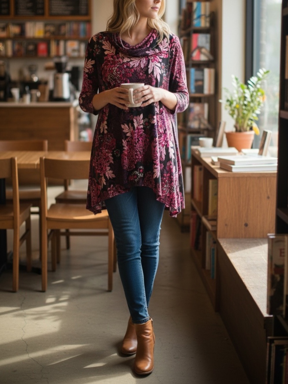 Ruby Rd. Pink & Black Floral Cowl Neck Tunic Women’s XL